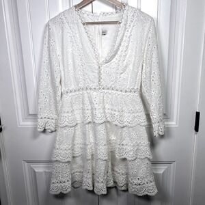 Chicwish Eyelet Lace Mini Dress Women Small  White Boho Crochet Scalloped Hem